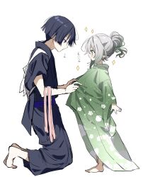 Rule 34 | 1boy, 1girl, adjusting another&#039;s clothes, black hair, child, dressing, dressing another, genshin impact, gradient hair, green eyes, green hair, grey hair, hair between eyes, highres, hirarinoie, japanese clothes, kimono, multicolored hair, nahida (genshin impact), pointy ears, scaramouche (genshin impact), simple background, wanderer (genshin impact), white background, white hair