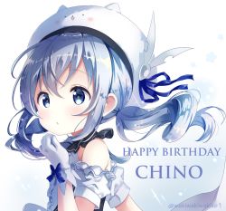 Rule 34 | 1girl, absurdres, blue eyes, blue hair, blue ribbon, character name, commentary request, detached sleeves, drill hair, gloves, gochuumon wa usagi desu ka?, happy birthday, hat, hat ribbon, highres, kafuu chino, neki (wakiko), puffy detached sleeves, puffy sleeves, ribbon, simple background, solo, twintails, twitter username, upper body, white background, white gloves