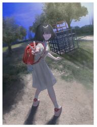 Rule 34 | 1girl, :d, absurdres, backpack, bag, black hair, blue sky, day, dress, from behind, grass, hair between eyes, hand up, highres, kyano (kyanora3141), looking at viewer, looking back, medium hair, open mouth, original, outdoors, outstretched arm, park, pink footwear, playground, purple eyes, randoseru, sand, shadow, shoes, short sleeves, sky, smile, socks, solo, tree, v, white dress, white socks