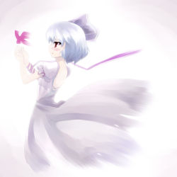 Rule 34 | 1girl, backless dress, backless outfit, bad id, bad pixiv id, blush, bow, bug, butterfly, dress, female focus, hair bow, bug, red eyes, remilia scarlet, short hair, silver hair, solo, tama (pixiv), tama (speedgrapher), touhou