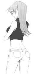 Rule 34 | 1girl, ass, cowboy shot, crop top, dress, from behind, greyscale, hair between eyes, highres, long hair, looking at viewer, looking back, midriff, monochrome, pants, rourou ill, simple background, sketch, sleeveless, sleeveless sweater, solo, standing, straight hair, sweater, sweater dress, tenjouin asuka, white background, yu-gi-oh!, yu-gi-oh! gx