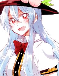 Rule 34 | 6 (yuchae), blue hair, food, fruit, hat, hinanawi tenshi, long hair, looking at viewer, open mouth, peach, puffy short sleeves, puffy sleeves, red eyes, shirt, short sleeves, smile, solo, touhou, upper body