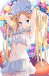 Rule 34 | 1girl, abigail williams (fate), abigail williams (swimsuit foreigner) (fate), abigail williams (swimsuit foreigner) (third ascension) (fate), arms up, bare arms, bare shoulders, bikini, blonde hair, blue eyes, bonnet, bow, commentary, english commentary, fate/grand order, fate (series), hair bow, hands in hair, heart, highres, hitsukuya, innertube, long hair, looking at viewer, navel, parted bangs, parted lips, simple background, solo, star (symbol), strapless, strapless bikini, striped, striped bow, swim ring, swimsuit, twintails, very long hair, white background, white bikini, white bow, white headwear