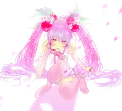 Rule 34 | 1girl, alternate color, alternate hair color, bad id, bad pixiv id, bare shoulders, boots, bridal gauntlets, cherry blossoms, flower, hair bobbles, hair ornament, hatsune miku, headset, long hair, meroro, name connection, object namesake, pink eyes, pink footwear, pink hair, sakura miku, smile, solo, thighhighs, twintails, very long hair, vocaloid