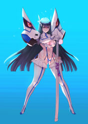Rule 34 | 1girl, absurdres, armor, bakuzan, black hair, blue background, boots, breasts, cleavage, collar, gloves, groin, hair between eyes, highres, holding, holding sword, holding weapon, kill la kill, kiryuuin satsuki, large breasts, liutiao, long hair, looking at viewer, micro panties, navel, panties, pauldrons, revealing clothes, shoulder armor, simple background, slingshot swimsuit, suspenders, swimsuit, sword, thigh boots, thighhighs, underwear, weapon, white armor, white gloves, white thighhighs