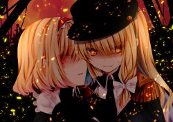 Rule 34 | 2girls, alice margatroid, bad id, bad pixiv id, black headwear, black jacket, blonde hair, blood, blood on clothes, blood on face, bow, braid, embers, epaulettes, gloves, glowing, glowing eyes, hair between eyes, hair bow, hairband, hat, jacket, kirisame marisa, long hair, multiple girls, nanase nao, parted lips, peaked cap, red hairband, touhou, v-shaped eyebrows, white bow, white gloves, yellow eyes