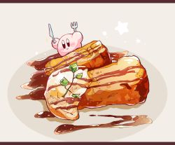 Rule 34 | amedama (akaki 4207), black eyes, blush, cake, caramel, commentary request, food, food focus, fork, ice cream, kirby, kirby&#039;s dream land, kirby (series), knife, leaf, nintendo, no humans, no nose, oversized food, oversized object, plate, smile, star (symbol)