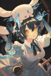 Rule 34 | 1girl, :o, absurdres, apron, arms up, black hair, black ribbon, blue dress, blue fire, breasts, brooch, cinnamoroll, collar, commentary, dark background, detached collar, dress, eyebrows hidden by hair, fire, frilled apron, frills, hair between eyes, highres, jewelry, light blush, looking up, medium breasts, neck ribbon, open mouth, parted lips, ribbon, sanrio, senryoko, sinoalice, star (symbol), upper body, white apron, white collar, yellow eyes