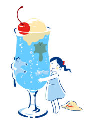 Rule 34 | 1girl, :t, air bubble, animal, bare arms, bare shoulders, barefoot, black hair, blue dress, blush stickers, bubble, cat, cheek press, cherry, child, closed eyes, cup, dot nose, dress, drink, drinking glass, facing viewer, flying squirrel, food, fruit, full body, hair bobbles, hair ornament, hat, unworn hat, unworn headwear, hirasawa minami, hot, ice cream, ice cream float, legs together, limited palette, long hair, medium dress, open hands, original, outstretched arms, oversized food, oversized object, parted bangs, parted lips, ponytail, refraction, simple background, sleeveless, sleeveless dress, soda, solo, squirrel, standing, straw hat, summer, sun hat, sundress, tiptoes, white background