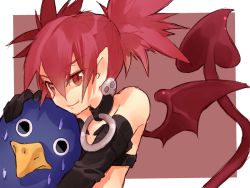 Rule 34 | 1girl, bad id, bad pixiv id, bare shoulders, black gloves, choker, demon tail, disgaea, disgaea d2, etna (disgaea), gloves, hand on another&#039;s head, jewelry, looking at viewer, pointy ears, prinny, rabbitseijin, red eyes, red hair, sweat, tail, twintails, wings