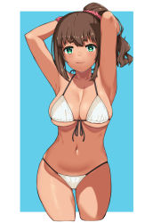 Rule 34 | 1girl, :q, armpits, arms up, bikini, breasts, brown hair, cleavage, cropped legs, dark skin, dark-skinned female, front-tie bikini top, front-tie top, gluteal fold, green eyes, hai ookami, hair ornament, hair scrunchie, heart, heart-shaped pupils, highres, large breasts, looking at viewer, original, ponytail, scrunchie, simple background, solo, string bikini, swimsuit, symbol-shaped pupils, tongue, tongue out, white bikini, wrist scrunchie
