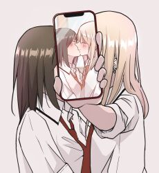 Rule 34 | 2girls, blush, brown hair, cellphone, closed eyes, collared shirt, commentary request, dodododos51, ear piercing, from side, holding, holding phone, kiss, long hair, multiple girls, necktie, original, phone, piercing, red necktie, school uniform, selfie, shirt, smartphone, smile, taking picture, white shirt, yuri