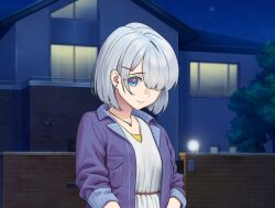 Rule 34 | 1girl, brick wall, chiaki (goodbye eternity), closed mouth, dress, earrings, game screenshot, goodbye eternity, hair ornament, hair over one eye, hairclip, heart, heart necklace, jacket, jewelry, looking at viewer, necklace, night, non-web source, outdoors, short hair, sky, star (sky), starry sky, stud earrings, wall