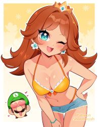Rule 34 | 1boy, 1girl, bikini, blue eyes, breasts, brown eyes, cleavage, crown, earrings, facial hair, flower earrings, grin, hand on own hip, hat, heart, heart-shaped pupils, jewelry, long hair, looking at another, looking at viewer, luigi, mario (series), medium breasts, mustache, navel, nintendo, one eye closed, open mouth, princess daisy, shiny skin, shorts, sidelocks, smile, spoken heart, super mario bros. 1, super mario land, swimsuit, symbol-shaped pupils, thigh gap, thighs, tomboy, wink