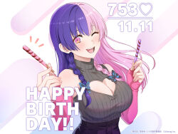 1girl 2.5_jigen_no_ririsa 753_(2.5_jigen_no_ririsa) bare_shoulders blue_hair blush braid breasts butterfly_hair_ornament center_opening character_name cleavage cleavage_cutout clothing_cutout elbow_gloves fingerless_gloves gloves gradient_hair hair_ornament happy_birthday heart_cutout highres large_breasts long_hair low-braided_long_hair low-tied_long_hair low_twin_braids multicolored_hair official_art one_eye_closed open_mouth pink_gloves pink_hair sidelocks sweater turtleneck turtleneck_sweater twin_braids wink