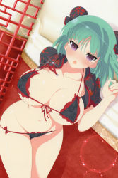 Rule 34 | 1girl, artist request, bare hips, bare legs, bashou (senran kagura), bed, bed invitation, bikini, black bikini, blush, breasts, cameltoe, chinese buns, chinese clothes, cleavage, front-tie bikini top, front-tie top, green hair, highres, huge breasts, large breasts, legs, legs together, looking at viewer, lying, open mouth, pillow, purple eyes, revealing clothes, senran kagura, sexually suggestive, short hair, side-tie bikini bottom, sideboob, swimsuit, thick thighs, thighs, underboob, yaegashi nan