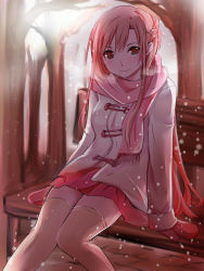 Rule 34 | 1girl, asuna (sao), bench, blush, brown eyes, brown hair, closed mouth, coat, gloves, hair between eyes, kiatsu, long hair, long sleeves, looking at viewer, miniskirt, mittens, on bench, outdoors, pink scarf, pleated skirt, red gloves, red skirt, scarf, sitting, skirt, smile, snowing, solo, sword art online, thighhighs, very long hair, white coat, white thighhighs, winter, winter clothes, winter coat, zettai ryouiki