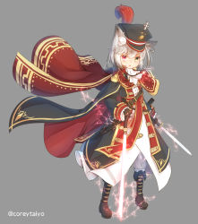 Rule 34 | 1girl, :o, absurdres, animal ear fluff, animal ears, black cape, black coat, black footwear, black gloves, black hat, blush, boots, cape, coat, coreytaiyo, epaulettes, full body, gloves, grey background, grey hair, grey pants, hair between eyes, hand on hilt, hat, heterochromia, highres, holding, holding sword, holding weapon, knee boots, long sleeves, looking at viewer, military, military hat, military uniform, multicolored cape, multicolored clothes, original, pants, parted lips, peaked cap, red cape, red eyes, sheath, simple background, sleeves past wrists, solo, sword, twitter username, uniform, unsheathed, v-shaped eyebrows, weapon, yellow eyes