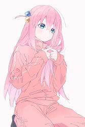Rule 34 | 1girl, absurdres, blue eyes, bocchi the rock!, closed mouth, commentary, cube hair ornament, gotoh hitori, hair between eyes, hair ornament, highres, jacket, long hair, long sleeves, one side up, pink hair, pink jacket, pink track suit, seiza, simple background, sitting, sleeves past wrists, solo, valentine (02140314c), white background