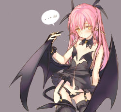 Rule 34 | ..., 1girl, bare shoulders, black thighhighs, blush, demon girl, demon tail, demon wings, detached collar, flat chest, garter straps, grey background, long hair, md5 mismatch, original, pink hair, pointy ears, resolution mismatch, simple background, sketch, solo, source smaller, speech bubble, spoken blush, tail, tatami to hinoki, thighhighs, wings, yellow eyes