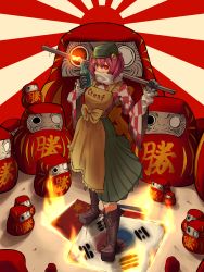 Rule 34 | 1girl, absurdres, apron, baseball bat, bell, black gloves, boots, bow, breasts, brown footwear, burning, character name, checkered clothes, checkered shirt, clothes writing, commentary request, cookie (touhou), creaf (cookie), cross-laced footwear, daruma doll, fire, flag, full body, gloves, green headwear, green skirt, hair bell, hair between eyes, hair ornament, highres, holding, holding staff, holding weapon, jingle bell, long sleeves, looking at viewer, molotov cocktail, motoori kosuzu, nail, nail bat, north korean flag, odoro (nicoseiga81184094), people&#039;s republic of china flag, red eyes, red hair, red shirt, rising sun flag, scarf, shirt, short hair, skirt, small breasts, solo, south korean flag, staff, sunburst, touhou, two side up, weapon, white scarf, white shirt, yellow apron, yellow bow
