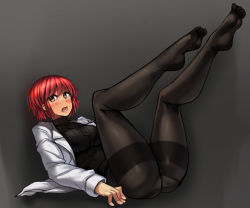 Rule 34 | 1girl, ass, ayakumo, black pantyhose, blush, breasts, crotch seam, feet, female focus, highres, horikawa raiko, jacket, large breasts, legs up, long sleeves, looking at viewer, no pants, no shoes, open clothes, open jacket, open mouth, panties, panties under pantyhose, pantyhose, red eyes, red hair, ribbed sweater, solo, sweater, thighband pantyhose, toes, touhou, underwear