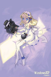 Rule 34 | 1girl, alternate costume, ankle garter, bed sheet, black cat, blonde hair, blue eyes, bow, breasts, cat, character name, detached sleeves, dress, frilled thighhighs, frills, from above, full body, headset, indoors, light smile, long hair, looking at viewer, os-tan, os9, shade, short dress, sleeves past wrists, small breasts, smile, solo, strap slip, thighhighs, white dress, white thighhighs, xp-tan, zettai ryouiki