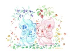 Rule 34 | absurdres, alcremie, alcremie (berry sweet), alcremie (mint cream), alcremie (ruby cream), alcremie (strawberry sweet), apple, blue eyes, blueberry, commentary request, creature, creatures (company), eye contact, flower, food, fruit, full body, game freak, gen 8 pokemon, grapes, heart, highres, huiyuan, looking at another, nintendo, no humans, pokemon, pokemon (creature), red eyes, simple background, standing, strawberry, symmetrical pose, white background