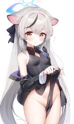Rule 34 | 1girl, absurdres, animal ears, black dress, black hair, black jacket, black ribbon, blue archive, blush, breasts, closed mouth, clothes lift, clothing cutout, commentary request, dress, dress lift, grey hair, groin, hair ribbon, halo, highres, jacket, jehyun, kokona (blue archive), lifted by self, long hair, looking at viewer, multicolored hair, navel, no panties, orange eyes, pelvic curtain, ribbon, simple background, small breasts, solo, standing, streaked hair, striped clothes, striped dress, thighs, vertical-striped clothes, vertical-striped dress, very long hair, wet, white background