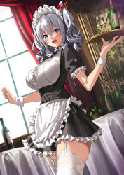 Rule 34 | 1girl, alternate costume, apron, black dress, blue eyes, blush, bottle, breasts, commentary request, cup, curtains, dress, drinking glass, enmaided, frilled sleeves, frills, garter straps, grey hair, holding, holding tray, indoors, kantai collection, kashima (kancolle), large breasts, long hair, looking at viewer, maid, maid headdress, seven (shijima), shoes, sidelocks, solo, table, tablecloth, thighhighs, tray, twintails, waist apron, wavy hair, white apron, white thighhighs, window, wrist cuffs, zettai ryouiki