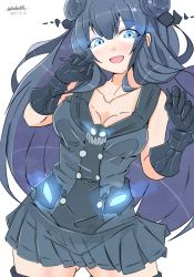 Rule 34 | 10s, 1girl, 2017, alternate skin color, bad id, bad twitter id, black hair, blue eyes, blush, breasts, cleavage, commentary request, dated, double bun, dress, eyebrows, eyes visible through hair, gauntlets, glowing, glowing eyes, hair between eyes, hair ornament, highres, kantai collection, light cruiser oni, long hair, medium breasts, miniskirt, multicolored hair, open mouth, oputon, pleated skirt, sailor collar, sailor dress, skirt, smile, solo, thighhighs, twitter username, zettai ryouiki