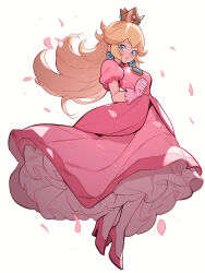 Rule 34 | 1girl, blonde hair, blue eyes, blue gemstone, breasts, brooch, cherry blossoms, clenched hand, closed mouth, crown, dress, earrings, eyelashes, full body, gem, gloves, hand up, highres, jewelry, long dress, long hair, looking at viewer, mario (series), medium breasts, meowersnow, nintendo, pink dress, pink footwear, pink gloves, princess, princess peach, puffy short sleeves, puffy sleeves, short sleeves, simple background, smile, solo, super mario bros. 1, white background, white legwear