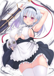 Rule 34 | 1girl, apron, arm behind head, armpits, azur lane, black skirt, blue hair, breasts, button eyes, buttons, center frills, character doll, clothing cutout, collar, dido (azur lane), ear piercing, frills, highres, holding, holding sword, holding weapon, itaba atsushi, large breasts, long hair, looking at viewer, metal collar, piercing, purple eyes, red ribbon, ribbon, shirt, simple background, skirt, solo, sword, thighhighs, underboob, underboob cutout, waist apron, weapon, white apron, white background, white shirt, white thighhighs, zettai ryouiki