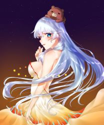 Rule 34 | 1girl, artemis (fate), bare shoulders, bear, blue eyes, blush, breasts, dress, fate/grand order, fate (series), highres, large breasts, long hair, looking back, open mouth, orion (bear) (fate), sideboob, silver hair, smile, solo, star (symbol)
