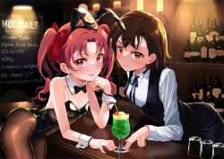 Rule 34 | 2girls, animal ears, bar (place), black bow, black bowtie, black leotard, blush, bow, bowtie, breasts, brown eyes, brown hair, brown pantyhose, cocktail glass, cup, drinking glass, fake animal ears, formal, hair ribbon, highres, indoors, leotard, long hair, looking at viewer, misaka mikoto, multiple girls, open mouth, pantyhose, parted lips, playboy bunny, rabbit ears, ribbon, shirai kuroko, short hair, small breasts, smile, suit, toaru majutsu no index, twintails, yonabe, yuri