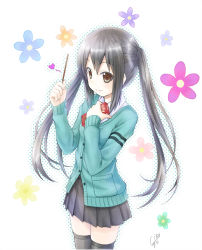 Rule 34 | 1girl, gotou hisashi, heart, k-on!, long hair, nakano azusa, pocky, skirt, smile, solo, thighhighs, twintails