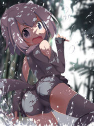 Rule 34 | &gt;:3, &gt;:d, 10s, 1girl, :3, :d, animal ears, ass, bare shoulders, blurry, blurry background, commentary request, depth of field, elbow gloves, fingerless gloves, from behind, fur collar, gloves, grey eyes, grey gloves, grey hair, grey thighhighs, highres, kemono friends, looking at viewer, looking back, makuran, open mouth, otter ears, otter tail, outdoors, shade, short hair, short shorts, shorts, small-clawed otter (kemono friends), smile, solo, splashing, tail, thighhighs, v-shaped eyebrows, water, water drop