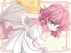 Rule 34 | 1girl, alternate breast size, angel, angel wings, blush, breasts, cleavage, collarbone, dress, feathered wings, green eyes, hamaneko29q, harpy (puyopuyo), large breasts, medium breasts, monster girl, pink hair, puyopuyo, skirt hold, solo, spaghetti strap, wavy hair, white dress, wings, yellow wings