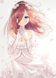 Rule 34 | 1girl, akino ell, bare shoulders, blue eyes, blush, breasts, bridal veil, brown hair, cleavage, closed mouth, commentary request, dress, gloves, go-toubun no hanayome, hair between eyes, highres, jewelry, large breasts, looking at viewer, nakano miku, own hands together, ring, smile, veil, wedding dress, wedding ring, white dress, white gloves