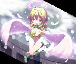 Rule 34 | 1girl, aine (boku ga tenshi ni natta wake), arms behind back, banana, between breasts, blonde hair, blush, boku ga tenshi ni natta wake, bow, breasts, cleavage, feathers, food, fruit, halo, mille, open mouth, red eyes, smile, solo, white wings, wings