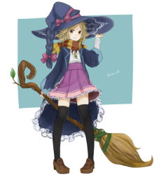 Rule 34 | 10s, 1girl, black thighhighs, blush, bow, broom, brown eyes, brown footwear, brown hair, character name, closed mouth, full body, fumino machi, hand on headwear, hat, high-waist skirt, holding, holding broom, loafers, long hair, merc storia, pigeon-toed, pink bow, pink skirt, pleated skirt, scarf, shirt, shoes, skirt, smile, solo, standing, striped clothes, striped scarf, thighhighs, white shirt, witch, witch hat, yurue, zettai ryouiki