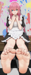 Rule 34 | 1girl, barefoot, blue eyes, bocchi the rock!, breasts, checkered floor, cleavage, feet, foot focus, gotoh hitori, highres, large breasts, long hair, looking at viewer, maid, maid headdress, open mouth, paint splatter, pink hair, soles, solo, toes, wd (1106592840)