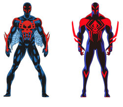 Rule 34 | 1boy, abs, alternate costume, animal print, arm blade, artist request, blue bodysuit, bodysuit, character sheet, claws, full body, large pectorals, manly, marvel, mask, miguel o&#039;hara, muscular, pectorals, print bodysuit, red bodysuit, simple background, solo, spider-man: across the spider-verse, spider-man (2099), spider-man (series), spider-verse, spider print, standing, superhero costume, two-tone bodysuit, weapon