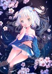 Rule 34 | 1girl, animal costume, blue eyes, blue hair, blunt bangs, blush, breasts, commentary request, fins, fish tail, flower, gawr gura, gawr gura (1st costume), grey hair, hair ornament, highres, hololive, hololive english, looking at viewer, medium hair, multicolored hair, partially submerged, peas (peas0125), reflection, reflective water, shark costume, shark girl, shark hair ornament, shark tail, sidelocks, small breasts, solo, streaked hair, tail, two side up, virtual youtuber, water