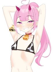 Rule 34 | 1girl, absurdres, ahoge, animal print, armpits, arms behind head, arms up, bare arms, bare shoulders, bell, bikini, blush, choker, collarbone, cow print, flat chest, grin, highres, horns, indie virtual youtuber, kijikoru, long hair, looking at viewer, mochi (vtuber), neck bell, petite, pink eyes, pink hair, ponytail, simple background, smile, solo, stomach, sweat, swimsuit, upper body, virtual youtuber, white background