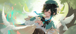Rule 34 | 1boy, absurdres, beret, bird, black hair, blue hair, braid, brown corset, cape, collared cape, commentary, corset, dove, flower, frilled sleeves, frills, genshin impact, gradient hair, green cape, green hat, hat, hat flower, highres, kokyuu (youxiangzhou), male focus, multicolored hair, shirt, short hair with long locks, solo, symbol-only commentary, twin braids, venti (genshin impact), white flower, white shirt
