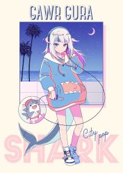Rule 34 | 1girl, animal hood, bloop (gawr gura), blue eyes, blue hair, bubble, character name, crescent moon, digital media player, fins, fish tail, gawr gura, headphones, highres, hololive, hololive english, hood, moon, multicolored hair, night, night sky, ocean, palm tree, shark girl, shark hood, shark tail, shoes, silver hair, sky, sneakers, solo, streaked hair, sweater, tail, tree, two side up, virtual youtuber, weizen