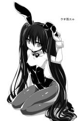 Rule 34 | 1girl, animal ears, breasts, collarbone, expressionless, fake animal ears, female focus, full body, greyscale, innocent red, leotard, long hair, looking at viewer, monochrome, pantyhose, playboy bunny, rabbit ears, simple background, sitting, small breasts, solo, twintails, usami eru, wariza, watarui, white background, wrist cuffs