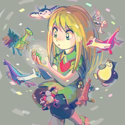 Rule 34 | 1boy, blonde hair, collared shirt, commentary request, creatures (company), dusclops, emerald (pokemon), game freak, gem, gen 1 pokemon, gen 2 pokemon, gen 3 pokemon, green eyes, green gemstone, green shirt, grey background, hands up, holding, holding gem, itome (funori1), latias, latios, legendary pokemon, long hair, male focus, mantine, mr. mime, nintendo, parted lips, pokemon, pokemon (creature), pokemon adventures, sceptile, shirt, shoes, short sleeves, snorlax, sudowoodo