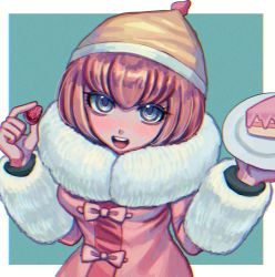 Rule 34 | :d, ando ruruka, blue eyes, bow, breasts, cake, commentary request, danganronpa (series), danganronpa 3 (anime), esu (tasoesu), food, fruit, fur-trimmed jacket, fur trim, green background, hat, highres, holding, holding food, holding fruit, holding plate, jacket, looking at viewer, medium breasts, open mouth, pink bow, pink hair, pink jacket, plate, short hair, smile, solo, strawberry, teeth, upper body, upper teeth only, white background